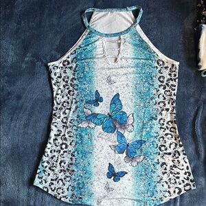 Blue Butterfly Print Women's Top